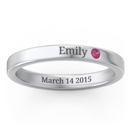 Stackable Birthstone Ring with Engraving – Sterling Silver with Ruby
