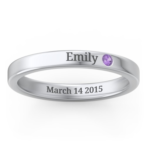 Stackable Birthstone Ring with Engraving – Sterling Silver with Amethyst