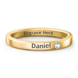 Stackable Birthstone Ring with Engraving in 10K Solid Yellow Gold with Blue Topaz