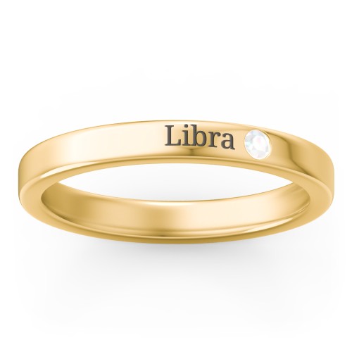 Stackable Birthstone Ring with Engraving – 10K Yellow Gold with Opal
