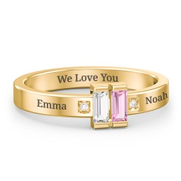 Baguette Birthstone Ring with Accents in 18K Gold Plated Silver with Cubic Zirconia, Pink Tourmaline, and White Premium Zirconia
