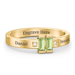 Baguette Birthstone Ring with Accents in 18K Gold Plated Silver with Peridot and White Premium Zirconia