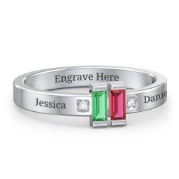 Baguette Birthstone Ring with Accents in 925 Sterling Silver with Emerald, Ruby, and White Premium Zirconia