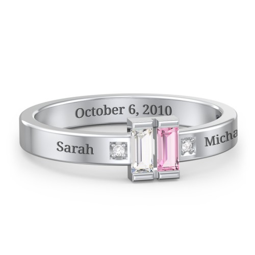 Baguette Birthstone Ring with Accents – Sterling Silver with Cubic Zirconia, Pink Tourmaline, and White Premium Zirconia