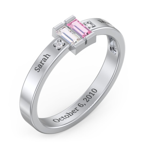 Baguette Birthstone Ring with Accents – 10K White Gold with Cubic Zirconia, Pink Tourmaline, and White Premium Zirconia