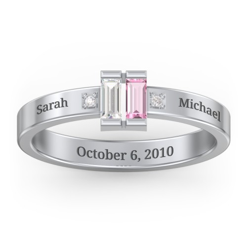 Baguette Birthstone Ring with Accents – 10K White Gold with Cubic Zirconia, Pink Tourmaline, and White Premium Zirconia