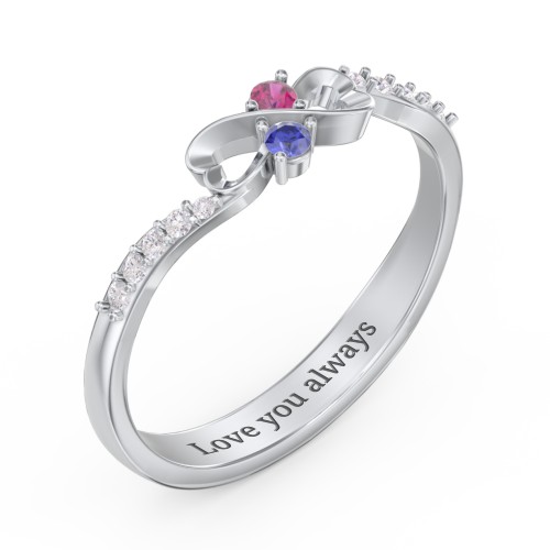 Infinity Heart Ring with Accents – 10K White Gold with Blue Sapphire, Ruby, and White Premium Zirconia