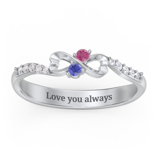 Infinity Heart Ring with Accents – 10K White Gold with Blue Sapphire, Ruby, and White Premium Zirconia