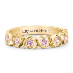 Multi-Heart Ring with Birthstones in 18K Gold Plated Silver with Pink Tourmaline