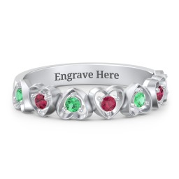 Multi-Heart Ring with Birthstones in 925 Sterling Silver with Emerald and Ruby