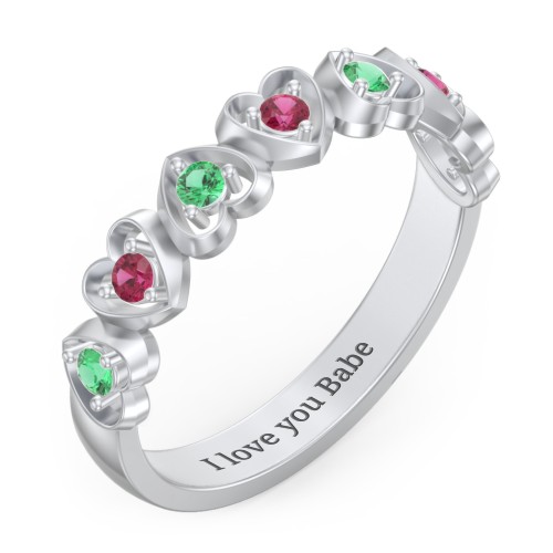 Multi-Heart Ring with Birthstones – Sterling Silver with Emerald and Ruby
