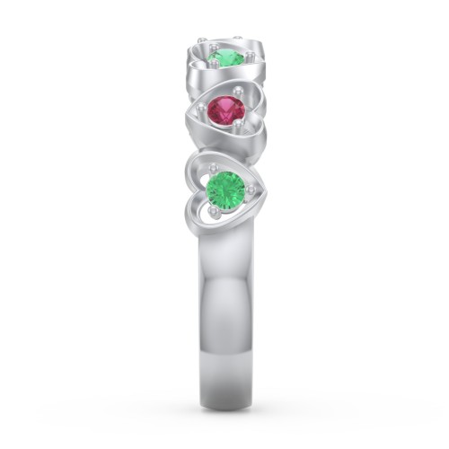 Multi-Heart Ring with Birthstones – Sterling Silver with Emerald and Ruby