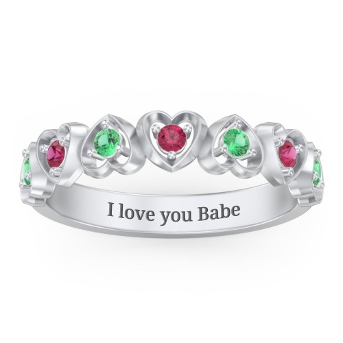Multi-Heart Ring with Birthstones – Sterling Silver with Emerald and Ruby