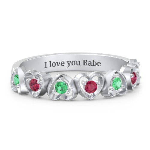 Multi-Heart Ring with Birthstones – Sterling Silver with Emerald and Ruby