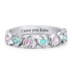 Multi-Heart Ring with Birthstones – 10K White Gold with Pink Tourmaline and Mint Premium Zirconia