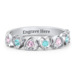 Multi-Heart Ring with Birthstones in 10K Solid White Gold with Fancy Pink Premium Zirconia and Mint Premium Zirconia
