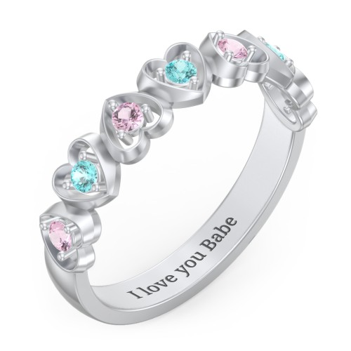Multi-Heart Ring with Birthstones – 10K White Gold with Pink Tourmaline and Mint Premium Zirconia