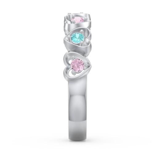 Multi-Heart Ring with Birthstones – 10K White Gold with Pink Tourmaline and Mint Premium Zirconia
