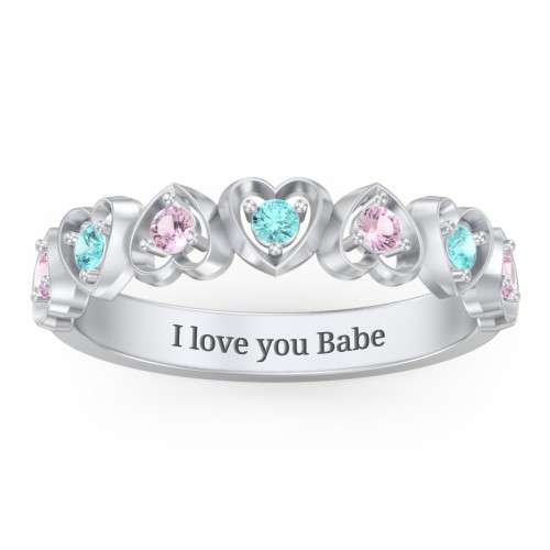 Multi-Heart Ring with Birthstones – 10K White Gold with Pink Tourmaline and Mint Premium Zirconia