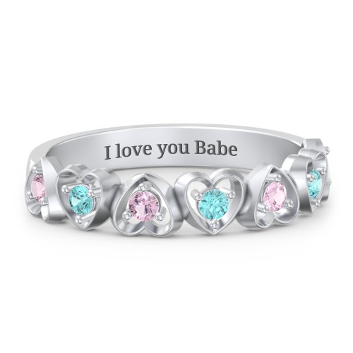 Multi-Heart Ring with Birthstones – 10K White Gold with Pink Tourmaline and Mint Premium Zirconia