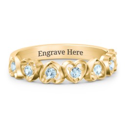 Multi-Heart Ring with Birthstones in 10K Solid Yellow Gold with Blue Topaz