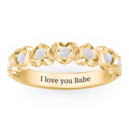 Multi-Heart Ring with Birthstones – 10K Yellow Gold with Opal
