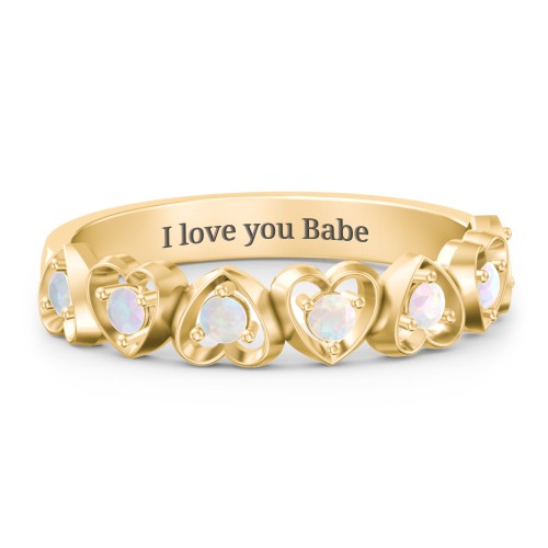 Multi-Heart Ring with Birthstones – 10K Yellow Gold with Opal