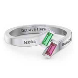 Engravable Slanted Baguette Ring in 925 Sterling Silver with Emerald and Ruby