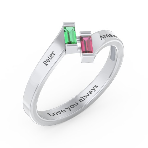 Engravable Slanted Baguette Ring – Sterling Silver with Emerald and Ruby