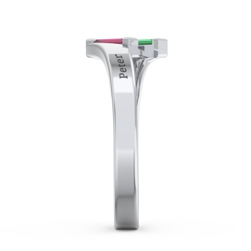 Engravable Slanted Baguette Ring – Sterling Silver with Emerald and Ruby