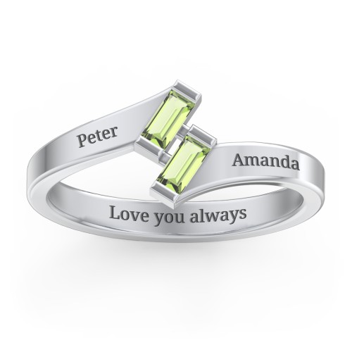 Engravable Slanted Baguette Ring – Sterling Silver with Peridot