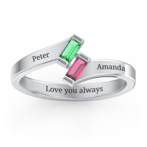 Engravable Slanted Baguette Ring – Sterling Silver with Emerald and Ruby