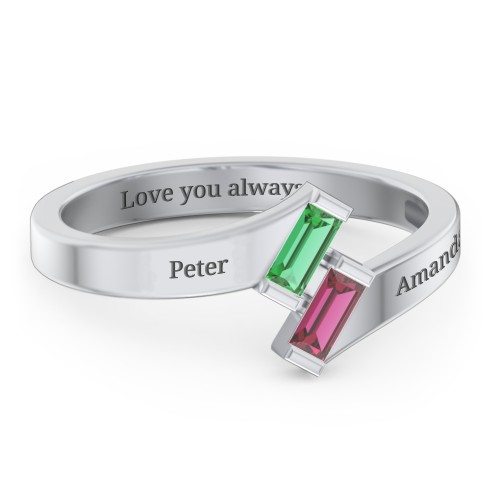 Engravable Slanted Baguette Ring – Sterling Silver with Emerald and Ruby