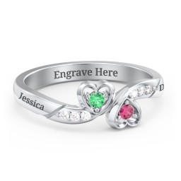 Duo of Hearts Ring in 925 Sterling Silver with Emerald, Ruby, and White Premium Zirconia