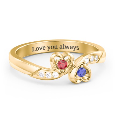 Duo of Hearts Ring – 10K Yellow Gold with Garnet, Blue Sapphire, and White Premium Zirconia