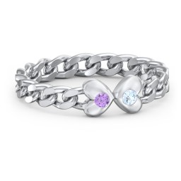 Curb Link Chain Heart Ring in 10K Solid White Gold with Amethyst and Blue Topaz
