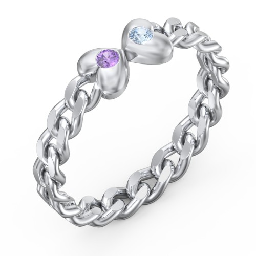 Curb Link Chain Heart Ring – 10K White Gold with Amethyst and Blue Topaz