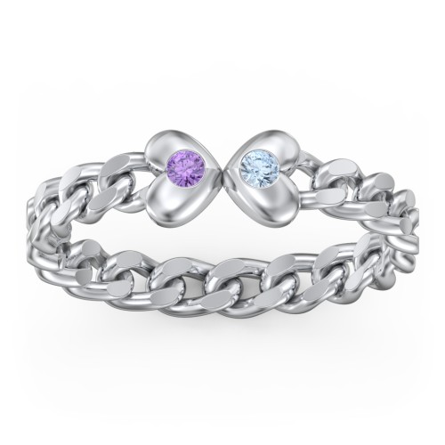 Curb Link Chain Heart Ring – 10K White Gold with Amethyst and Blue Topaz