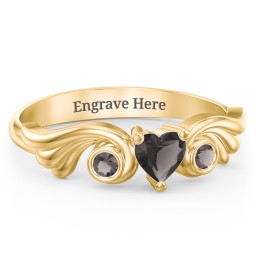 Angel Wing Ring with Heart Shaped Gemstone in 18K Gold Plated Silver with Smokey Quartz