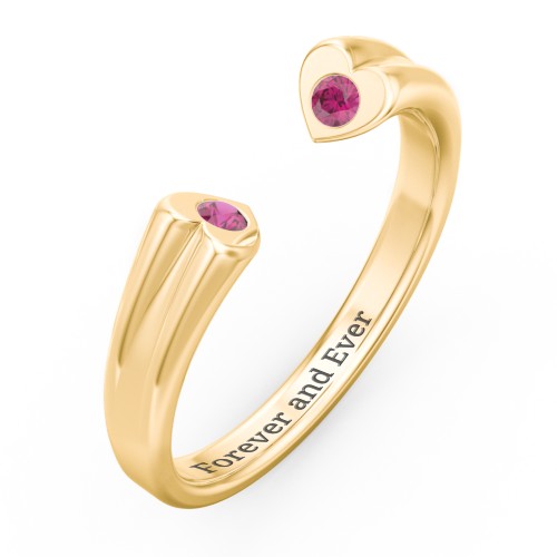Engravable Open Cuff Heart Ring with Gemstones – 18K Gold Plated Silver with Ruby