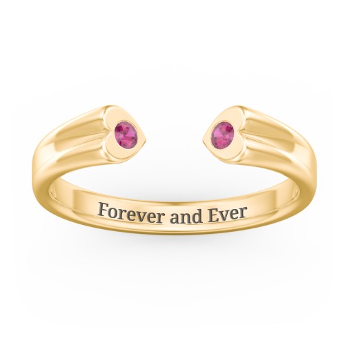 Engravable Open Cuff Heart Ring with Gemstones – 18K Gold Plated Silver with Ruby