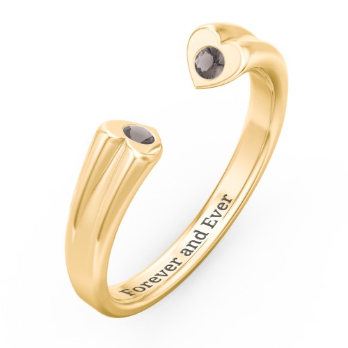 Engravable Open Cuff Heart Ring with Gemstones – 18K Gold Plated Silver with Smokey Quartz