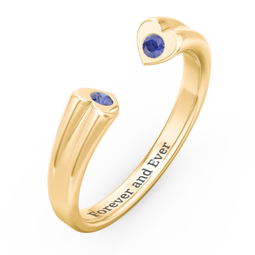 Engravable Open Cuff Heart Ring with Gemstones – 18K Gold Plated Silver with Blue Sapphire