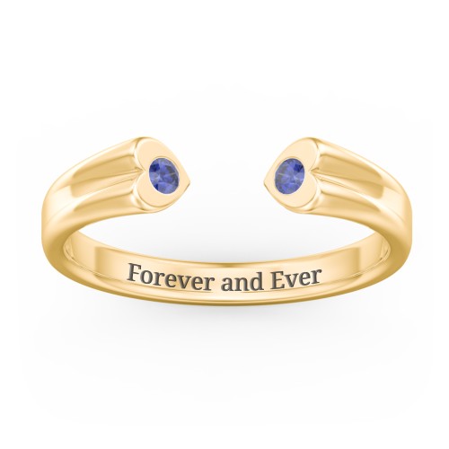 Engravable Open Cuff Heart Ring with Gemstones – 18K Gold Plated Silver with Blue Sapphire