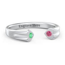 Engravable Open Cuff Heart Ring with Gemstones in 925 Sterling Silver with Emerald and Ruby