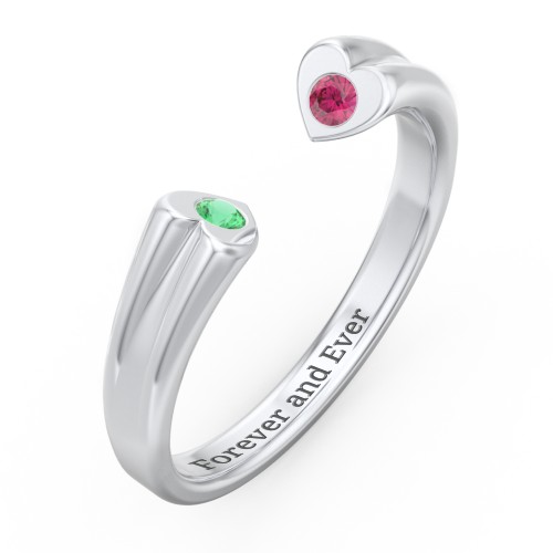 Engravable Open Cuff Heart Ring with Gemstones – Sterling Silver with Emerald and Ruby