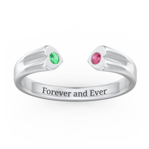 Engravable Open Cuff Heart Ring with Gemstones – Sterling Silver with Emerald and Ruby