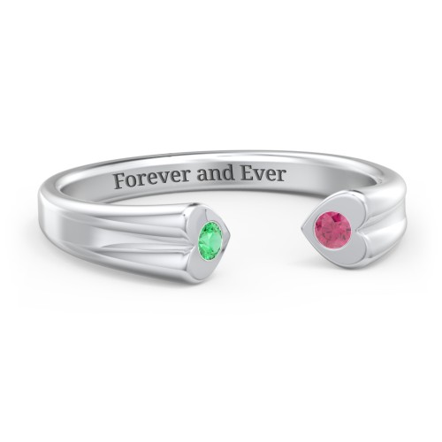 Engravable Open Cuff Heart Ring with Gemstones – Sterling Silver with Emerald and Ruby