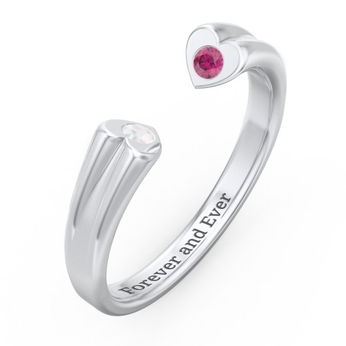 Engravable Open Cuff Heart Ring with Gemstones – 10K White Gold with Opal and Ruby