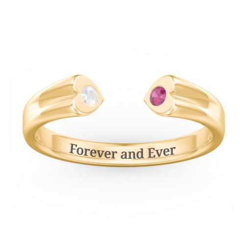 Engravable Open Cuff Heart Ring with Gemstones – 10K Yellow Gold with Opal and Ruby
